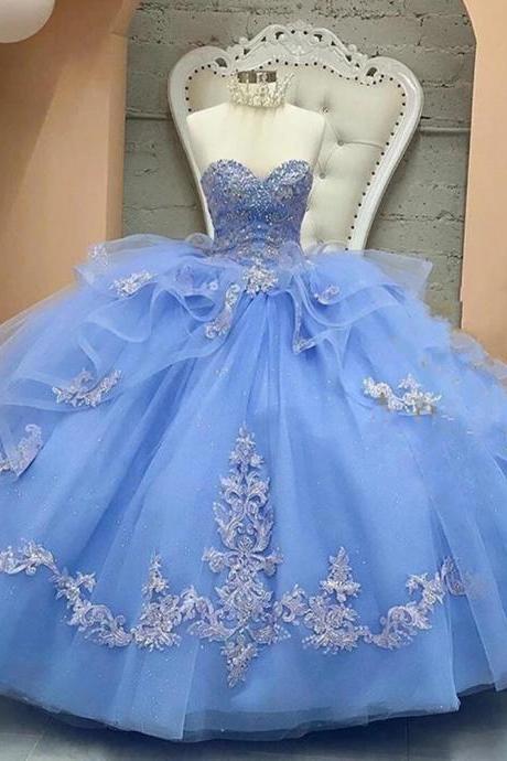 Light Blue Ball Gown Sweet 16 Dress Ruffles Tulle Ball Gown Prom Dress Sweetheart Quinceanera Dress Robes De Soirée