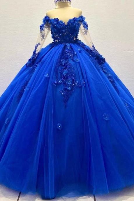 Royal Blue Ball Gown Quinceanera Dresses 3d Flower Applique Princess Birthday Party Prom Gown Vestidos De 15 Años