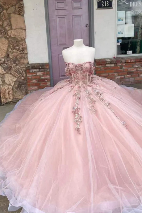 Coral 2023 Quinceanera Dresses 3d Floral Off The Shoulder Exposed Boning Girls Birthday Party Prom Gowns Princess 15 16