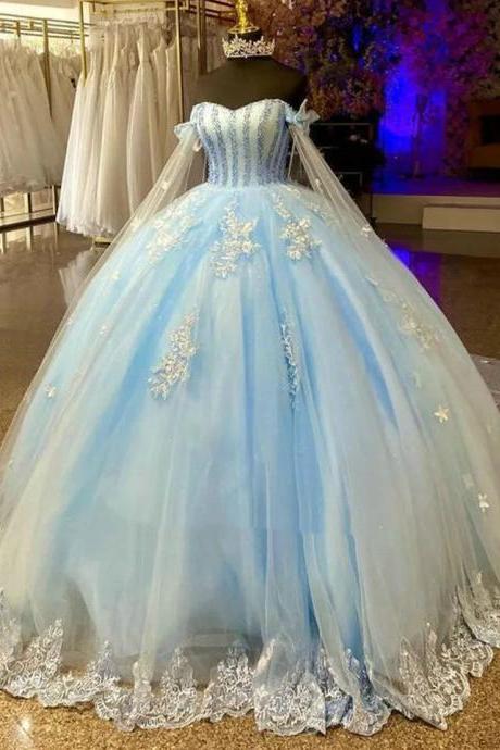 Sky Blue Sweet Princess Quinceanera Dresses Pearls Lace Cape Girl Formal Birthday Prom Gowns Vestidos De 15 Quinceañera 2023