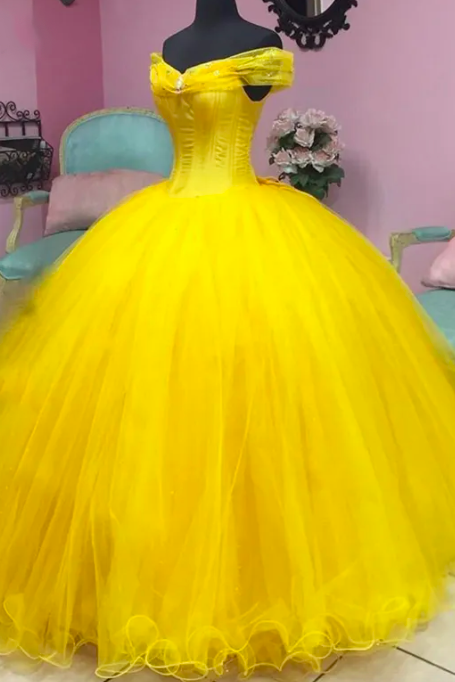Princess Yellow Tutu Ball Gowns For Pretty Lady To Party Vintage Ruffles Prom Dresses Off Shoulder Prom Gowns Lace Up Plus Size