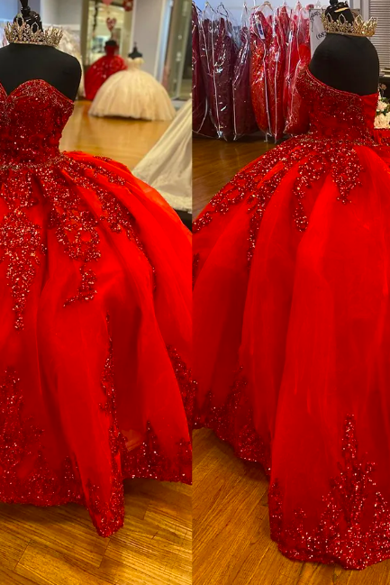 Red Ball Gown Prom Dress Beads Sequins Sweetheart Neck Sweet 15 16 Quinceanera Evening Dresses Birthday Party Special Occasion Gowns