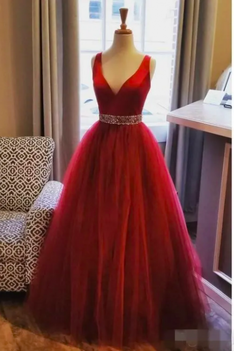 Dark Red Simple V Neck Prom Dresses A Line Beaded Waist Sequins Floor Length Long Formal Evening Ball Gown Vestido Custom Made