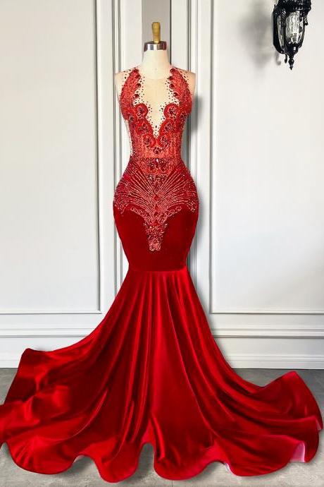 Long Prom Dresses 2023 Luxury Sparkly Beaded Diamond Sexy Mermaid Sheer Top Black Girl Red Velvet Prom Gala Gowns