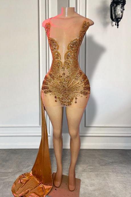 Luxury Gold Short Prom Dresses 2023 Sexy See Through Sheer Mesh Sparkly Beaded African Women Birthday Party Gowns