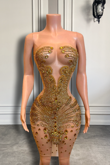 Sparkly See Through African Women Cocktail Dress Gold Beads Crystals Short Prom Dresses 2023 For Birthday Party Gowns