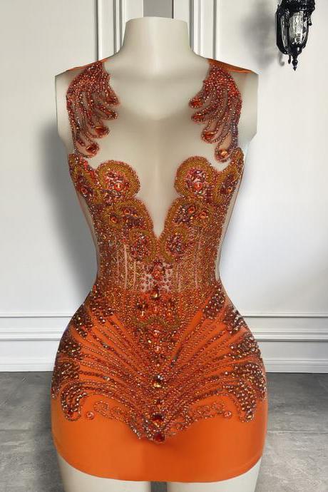Cute Sheer Scoop Neckline See Through Women Cocktail Gowns Orange Beaded Black Girls Short Prom Dresses 2023