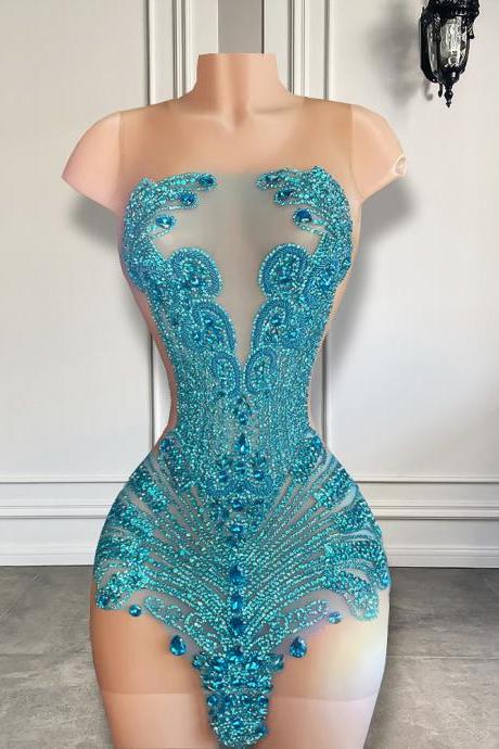 Sexy See Through Women Cocktail Birthday Party Gowns Sparkly Diamond Crystals Light Blue Black Girls Short Prom Dresses 2023