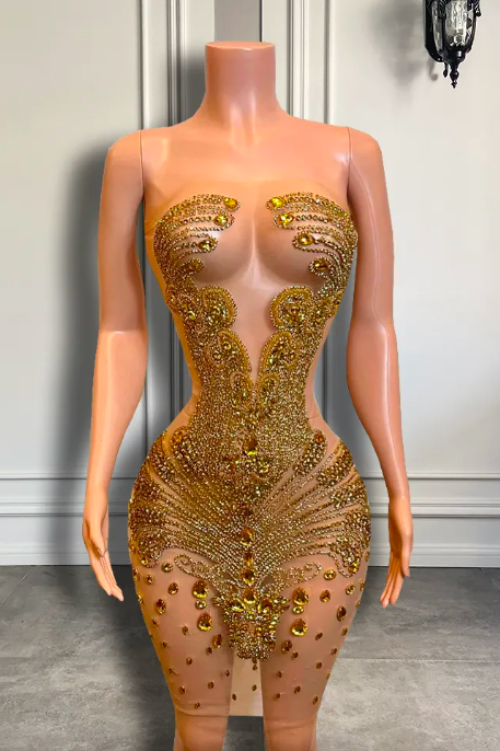 Sparkly See Through African Women Cocktail Dress Gold Beads Crystals Short Prom Dresses 2023 For Birthday Party Gowns