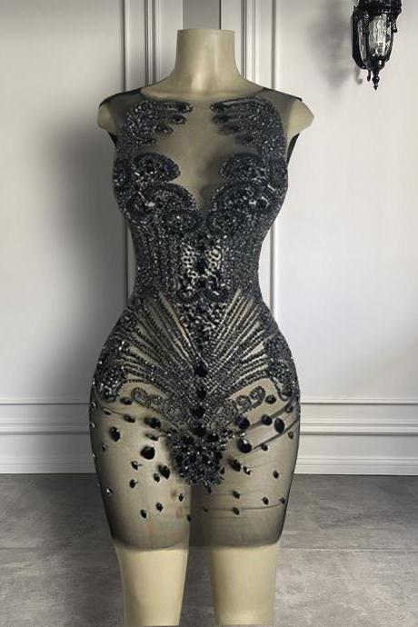 New Arrival Sexy See Through Short Prom Dress 2023 Luxury Beaded Crystals African Women Birthday Party Black Cocktail Dress