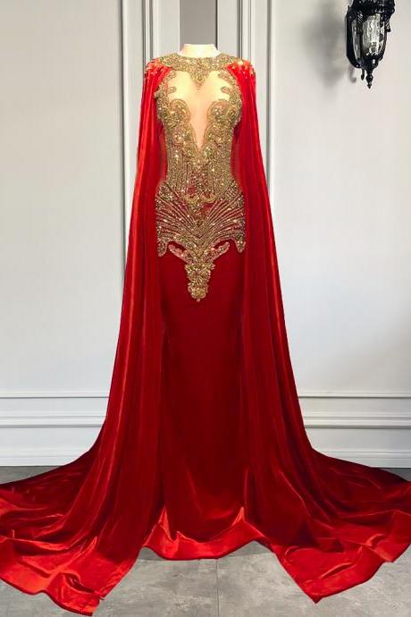 Long Elegant Prom Dresses 2023 Mermaid Style Luxury Gold Diamond Red Velvet Black Girl Prom Gala Gowns With Shawl