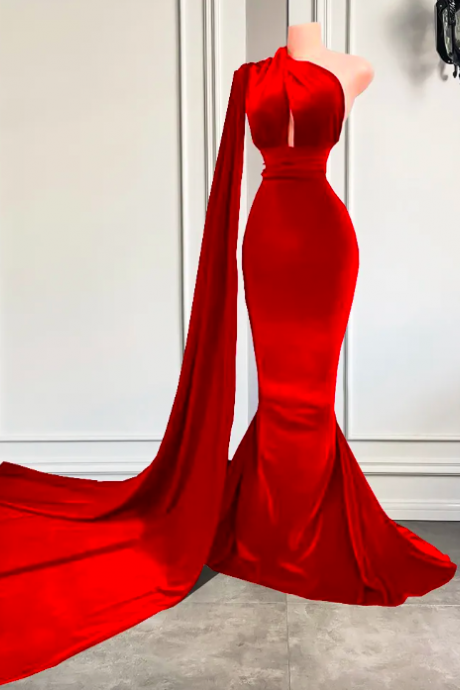 Real Picture Long Prom Dresses 2024 One Shoulder Sexy Mermaid Style African Black Girls Red Velvet Fitted Prom Gowns
