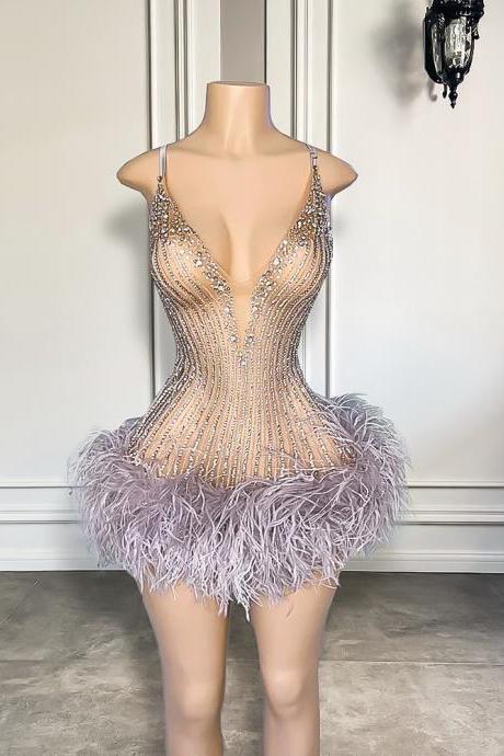 Sexy See Through Arrival Women Birthday Gowns Silver Beaded Diamond Feather Black Girls Short Prom Dresses 2023