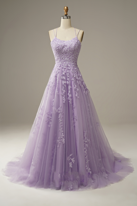 Angel Custom A-line Purple Pleated Spaghetti Strap Formal Evening Dress Appliques Backless Floor-length Prom Gown