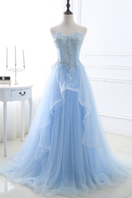 Light Blue Prom Dresses Long Sexy Sweetheart A-Line Tulle Lace Applique Beaded Crystal Women Formal Party Gown
