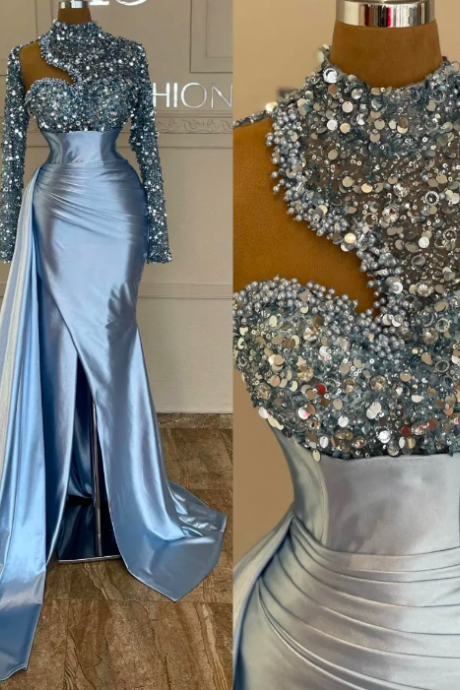 Sexy Sky Blue Mermaid Evening Dresses Sequins High Neck Long Sleeves Formal Party Prom Dress Pleats Dresses For Special Occasion