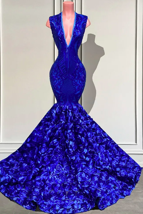 Elegant Sparkly V-neck Royal Blue Sleeveless 3d Rose Mermaid Prom Dress Long Sequined Black Girls Gala Evening Party Wear Gowns