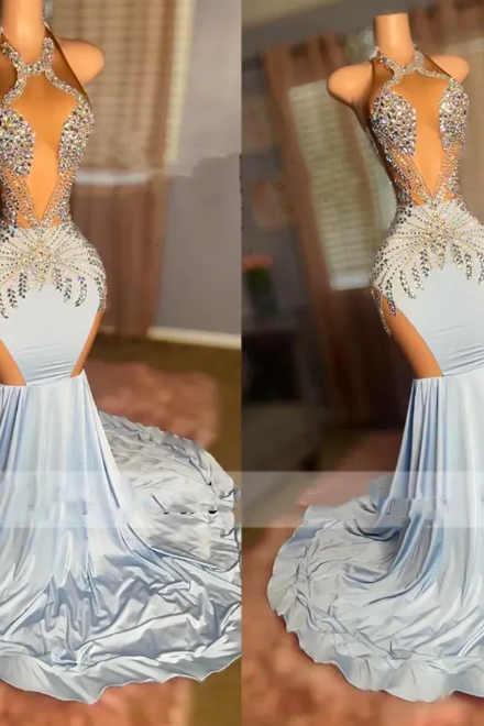 Light Blue Mermaid Black Girl Prom Dresses 2023 Illusion Colorful Crystal Beading Birthday Party Dress Backless Evening Dress