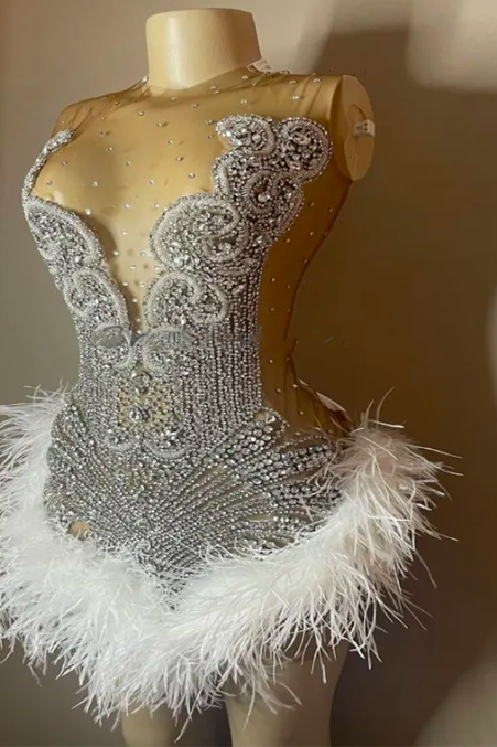 Luxury Feather Prom Dress For Black Girls With Crystal Beaded Sexy Mini Short Cocktail Party Holiday Formal Evening Graduation Homecoming Robes