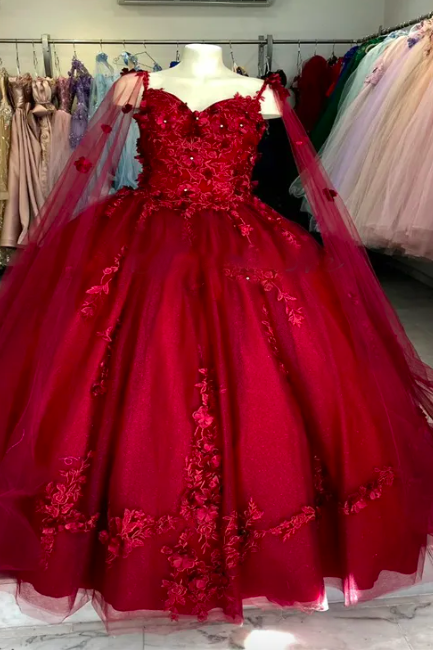 Fairy Burgundy Quinceanera Dress 2023 With Florals Elegant Cape Ball Gown Princess Prom Dress Pageant Dress Vestidos De 15 Anos Vestidos