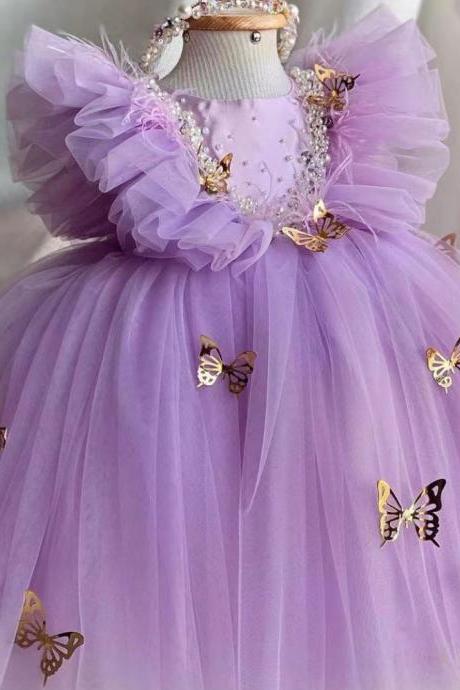 Purple Flower Girls Dresses, Little Girls Party Dresses, Ball Gown Flower Girls Dresses, Little Girls Party Dresses, Arabic Flower Girls