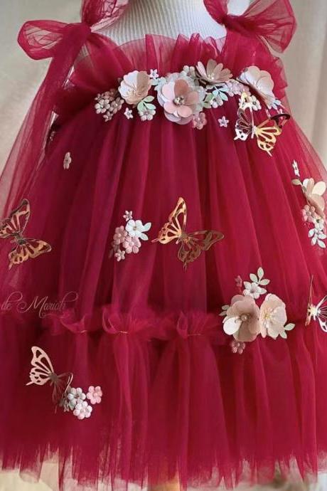 Red Flower Girls Dresses, Hand Made Flower Girls Pageant Dresses, Bow Little Grils Pageant Dresses, Butterfly Girls Pageant Dresses, Tulle