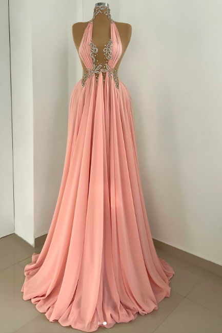 Pink Prom Dresses Halter Neckline Long Chiffon Evening Dresses Sparkly Evening Gowns For Women Party Dresses