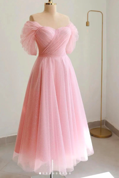 Pink Prom Dresses 2024 Off The Shoulder Tulle Evening Dresses Sexy Party Dresses