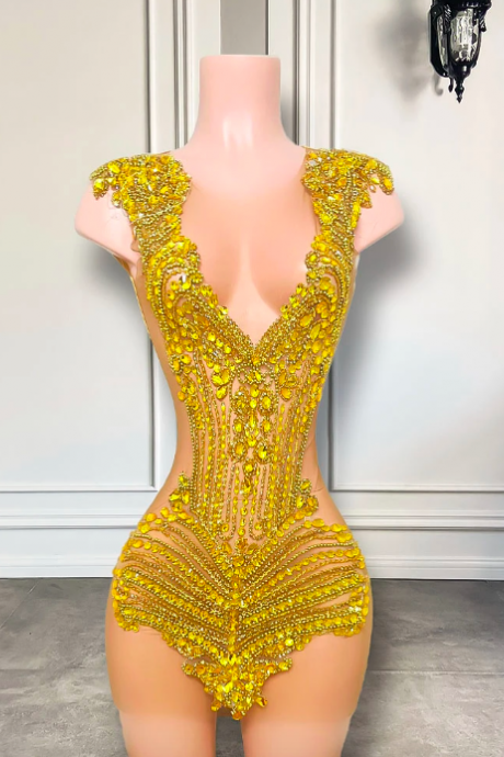 Luxury Sparkly Gold Diamond Black Girls Short Prom Dress 2023 Sheer See Through Rhinestone Women Birthday Party Gowns