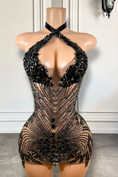 Luxury Black Diamond Women Birthday Party Formal Gowns Sexy See Through Black Girls Homecoming Short Prom Dresses 2023