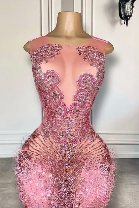 Pink Diamond Luxury Rhinestone Women Birthday Party Gowns See Through Feather Black Girls Mini Short Prom Dresses 2023