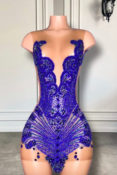Sheer Sexy See Through Women Birthday Formal Gowns Royal Blue Sparkly Diamond Black Girls Short Prom Dress 2023