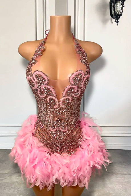 Sparkly Cute Sleeveless Women Birthday Party Formal Gowns Luxury Pink Diamond Feather Short Mini Prom Dress 2023 For Black Girls