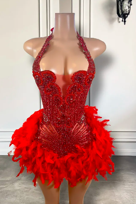 Sparkly Rhinestone Luxury Red Diamond Women Birthday Gowns Halter Style Red Feather Black Girls Short Prom Dresses 2023
