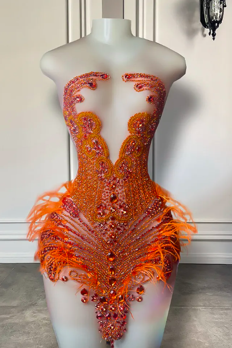 Orange Sparkly Diamond Women Birthday Formal Cocktail Homecoming Gowns Sheer Sexy Feather Black Girls Short Prom Dress 2023