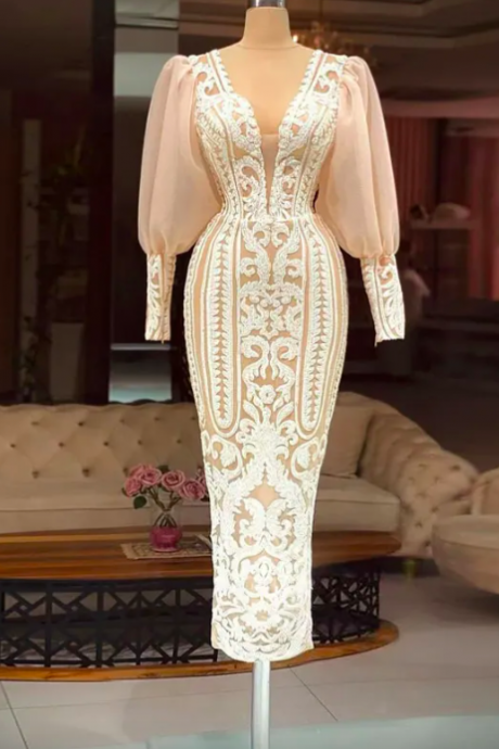 Long Sleeve Dress White Sequin Evening Dress Elegant Vneck Party Long Prom Dress