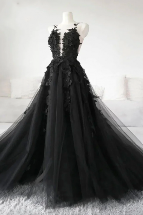 Gothic Black Prom Dresses Sexy Backless High Side Split A-line Evening Dress Appliques Lace Formal Party Gowns Robe De Soirée