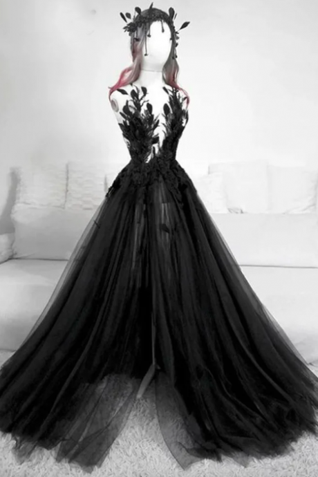 Black Feather Evening Dresses Appliques Lace Charming Prom Dress Party Dresses With High Split Sleeveless Vestidos De Noche