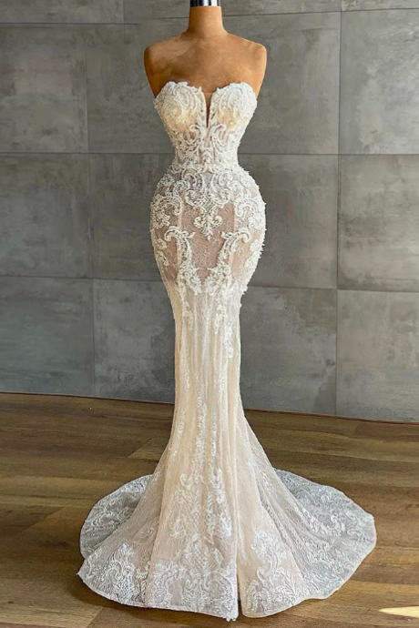 Mermaid Lace Ivory Wedding Gown 2022 Strapless Simple Wedding Dress Luxury Sleeveless Wedding Dresses For Bride Robe De Mariée