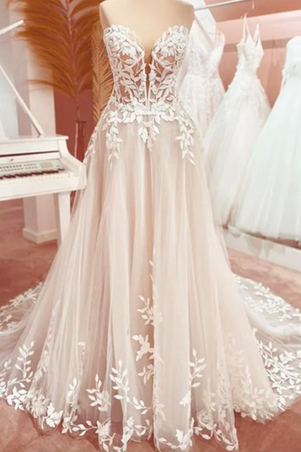 White A Line Wedding Dress For Bride Size Custom Made Wedding Gown Appliques Lace Court Train Bridal Dress Custom Robe De Mariée