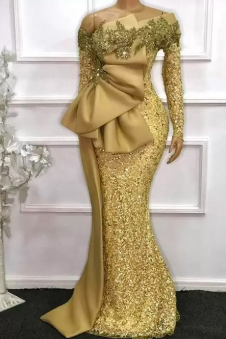 2023 African Lace Mermaid Evening Dresses Plus Size Glitter Gold Sequins Long Sleeves Beaded Prom Party Gowns Robe De Soiree