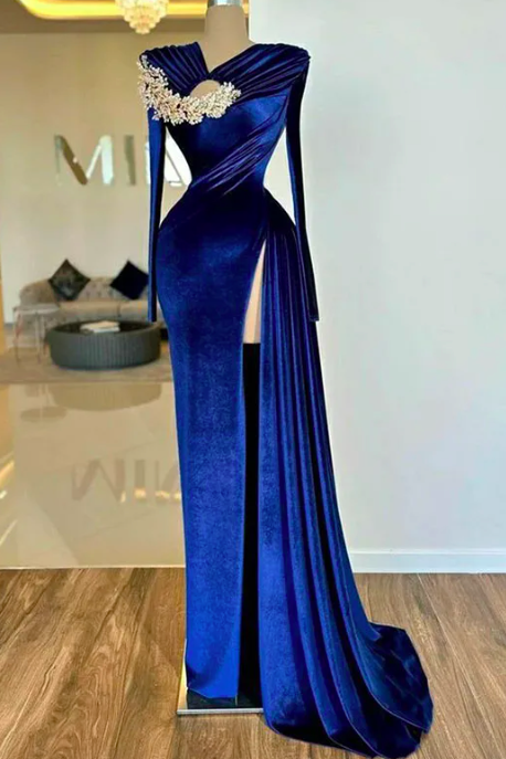 Sodigne Royal Blue Elegant Side Split Velvet Mermaid Evening Dresses Long Sleeves Lace Pears Beads Pleats Formal Prom Gowns