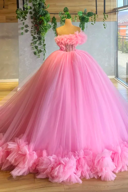 Baby Pink Tulle Formal Prom Dresses Off The Shoulder A Line Backless Evening Dress Ruched Flowers Pageant Wedding Party Gowns