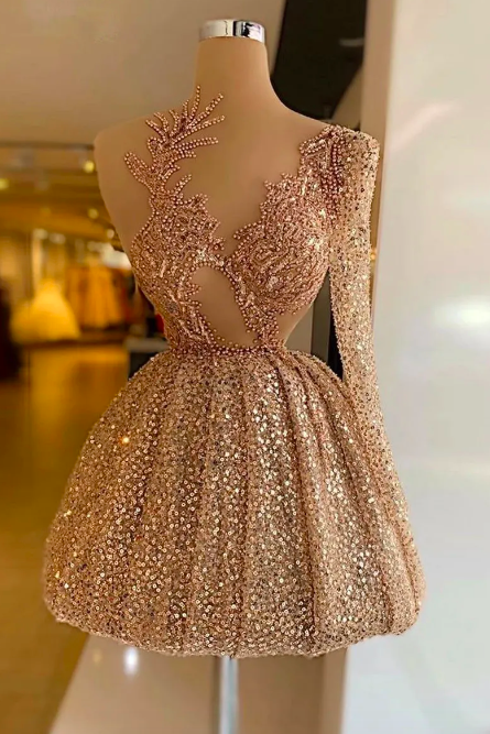 One Shoulder Champagne Prom Dresses For Women 2023 Fashion Short Party Dress Sequined Beaded Homecoming Gowns Abendkleider