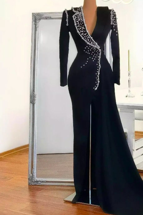 Luxury Pearls V Neck Sexy High Split Black Evening Dress 2023 Long Sleeves Custom Made Straight Prom Formal Party Plus Size Gown