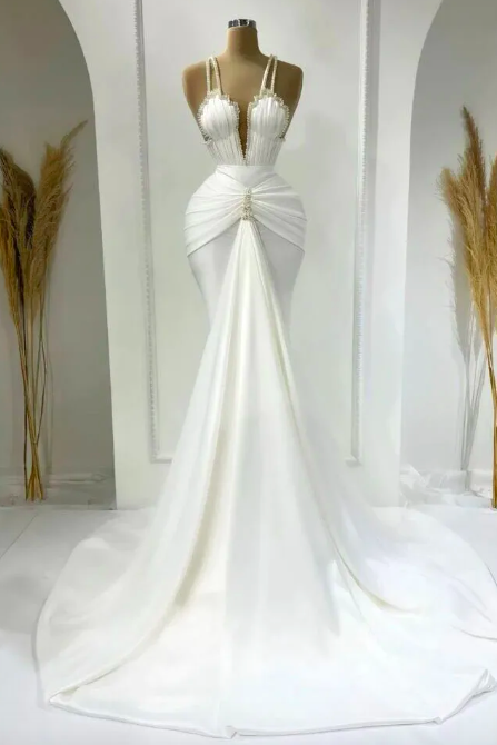 High Quality Silk Off White Mermaid Bridal Dress Wedding Gowns 2023 Ruffle Pearls Long Prom Dresses فستان سهرة Custom Made