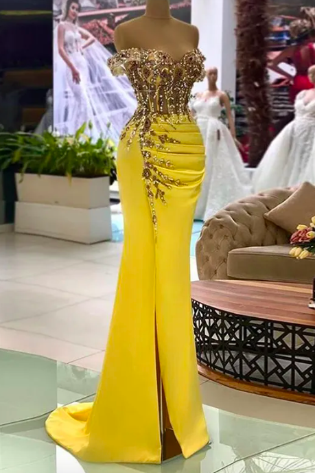 Yellow Mermaid Evening Dresses Long Prom Dress Sexy Side Split Beading Formal Short Sleeves Vestidos De Gala 2024 Customized