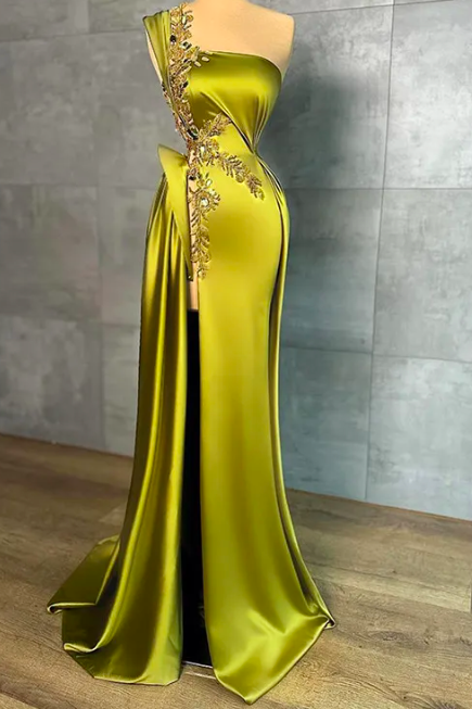 Golden Lace Mermaid Evening Dresses Dubai Prom Gowns Robe De Marieer Side Split Satin Prom Party Dress 2023