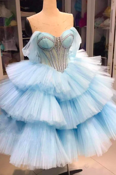 Sky Blue Puffy Tulle Midi Prom Dresses Off Shoulder Fluffy Layered Tulle Cocktail Gown Sweet Women Short Formal Occasion Dress