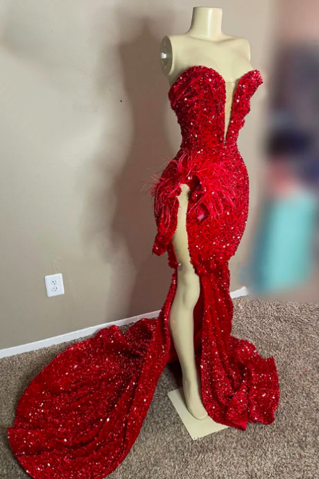 Sparkly Sequined Red Sweetheart Long Prom Dress For Black Girls 2023 Feathers Birthday Party Gowns High Slit Evening Gown Robe